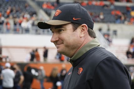 Nov 13, 2021; Corvallis, Oregon, USA; Oregon State Beavers head coach Jonathan Smith walks back to the locker room prior to the game against the Stanford Cardinal at Reser Stadium. Mandatory Credit: Soobum Im-USA TODAY Sports