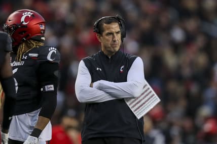 Nov 20, 2021; Cincinnati, Ohio, USA; Cincinnati Bearcats head coach Luke Fickell during the first half against the Southern Methodist Mustangs at Nippert Stadium. Mandatory Credit: Katie Stratman-USA TODAY Sports