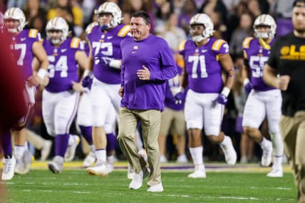 Nov 20, 2021; Baton Rouge, Louisiana, USA;  LSU Tigers head coach Ed Orgeron looks on against Louisiana Monroe Warhawks during the first half at Tiger Stadium. Mandatory Credit: Stephen Lew-USA TODAY Sports
