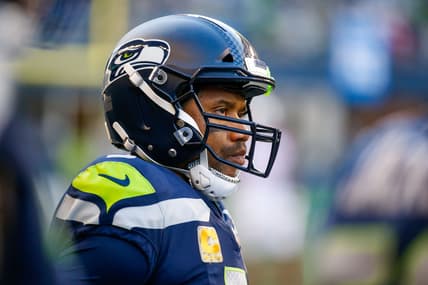 Nov 21, 2021; Seattle, Washington, USA; Seattle Seahawks quarterback Russell Wilson (3) stands on the sideline during the third quarter against the Arizona Cardinals at Lumen Field. Mandatory Credit: Joe Nicholson-USA TODAY Sports