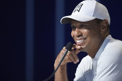 Aug 7, 2018; St. Louis, MO, USA; PGA golfer Tiger Woods addresses the media during a press conference following his practice round of the PGA Championship golf tournament at Bellerive Country Club. Mandatory Credit: John David Mercer-USA TODAY Sports