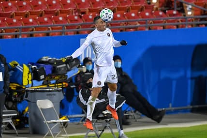 Oct 28, 2020; Dallas, Texas, USA; Inter Miami defender Ben Sweat (22) plays the ball during the second half against FC Dallas at Toyota Stadium. Mandatory Credit: Tim Flores-USA TODAY Sports