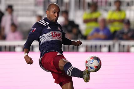 Jul 21, 2021; Fort Lauderdale, FL, USA; New England Revolution forward Teal Bunbury (10) takes a shot on goal against Inter Miami CF during the second half at DRV PNK Stadium. Mandatory Credit: Jasen Vinlove-USA TODAY Sports