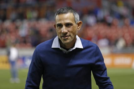 Sep 29, 2021; Sandy, Utah, USA; Real Salt Lake interim head coach Pablo Mastroeni walks the sideline prior to their game against the Los Angeles Galaxy at Rio Tinto Stadium. Mandatory Credit: Jeffrey Swinger-USA TODAY Sports