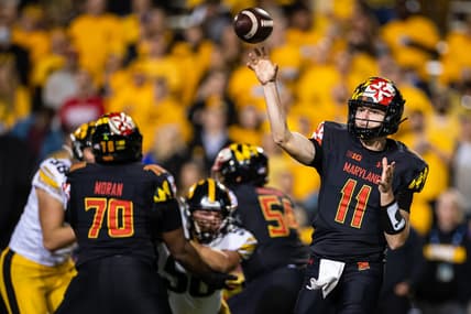 Oct 1, 2021; College Park, Maryland, USA; Maryland Terrapins quarterback Reece Udinski (11) throws a pass against the Iowa Hawkeyes during the second half at Capital One Field at Maryland Stadium. Mandatory Credit: Scott Taetsch-USA TODAY Sports