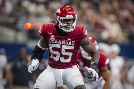 Sep 25, 2021; Arlington, Texas, USA; Arkansas Razorbacks defensive lineman Tre Williams (55) in action during the game between the Arkansas Razorbacks and the Texas A&M Aggies at AT&T Stadium. Mandatory Credit: Jerome Miron-USA TODAY Sports
