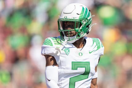 Oct 2, 2021; Stanford, California, USA;  Oregon Ducks cornerback Mykael Wright (2) during the first quarter against the Stanford Cardinal at Stanford Stadium. Mandatory Credit: Stan Szeto-USA TODAY Sports