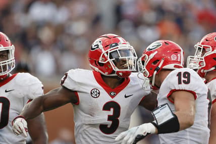 Oct 9, 2021; Auburn, Alabama, USA;  Georgia Bulldogs running back Zamir White (3) celebrates with Georgia Bulldogs tight end Brock Bowers (19) after scoring a touchdown against the Auburn Tigers during the fourth quarter Jordan-Hare Stadium. Mandatory Credit: John Reed-USA TODAY Sports