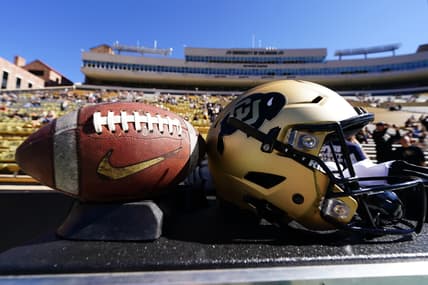Oct 16, 2021; Boulder, Colorado, USA; General view of a Colorado Buffaloes helmet and football before the game against the Arizona Wildcats at Folsom Field. Mandatory Credit: Ron Chenoy-USA TODAY Sports