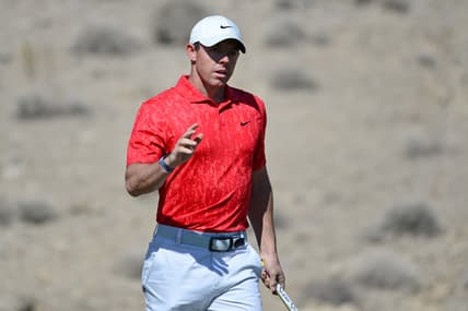 Oct 17, 2021; Las Vegas, Nevada, USA; Rory McIlroy waves to the crowd after making a putt on the second green during the final round of the CJ Cup golf tournament. Mandatory Credit: Joe Camporeale-USA TODAY Sports