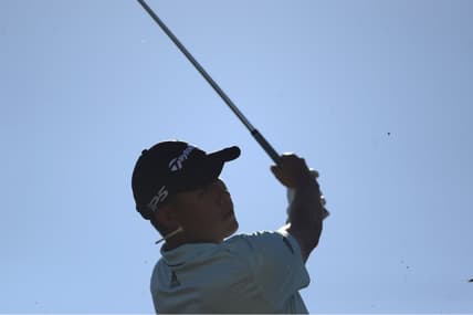 Oct 17, 2021; Las Vegas, Nevada, USA; Collin Morikawa tees off on the 16th during the final round of the CJ Cup golf tournament. Mandatory Credit: Joe Camporeale-USA TODAY Sports