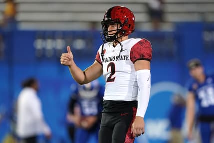Oct 15, 2021; San Jose, California, USA; San Diego State Aztecs kicker Matt Araiza (2) gestures before the game against the San Jose State Spartans at CEFCU Stadium. Mandatory Credit: Darren Yamashita-USA TODAY Sports