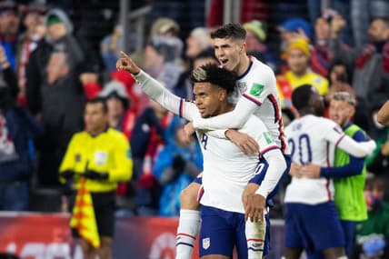 Nov 12, 2021; Cincinnati, Ohio, USA; United States midfielder Weston McKennie (8) celebrates his goal with forward Christian Pulisic (10) during a FIFA World Cup Qualifier soccer match against the Mexico at TQL Stadium. Mandatory Credit: Trevor Ruszkowski-USA TODAY Sports
