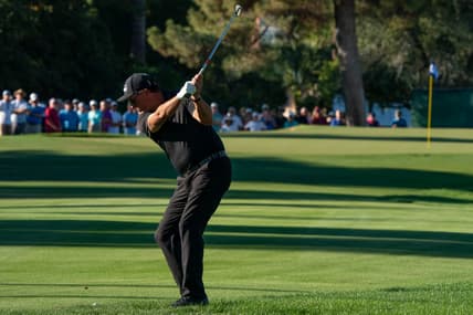 Nov 14, 2021; Phoenix, Arizona, USA; Phil Mickelson with this approach to the 17th during the final round of the Charles Schwab Cup Championship golf tournament at Phoenix Country Club. Mandatory Credit: Allan Henry-USA TODAY Sports
