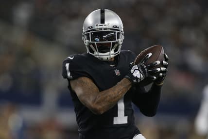 Nov 25, 2021; Arlington, Texas, USA; Las Vegas Raiders wide receiver DeSean Jackson (1) runs for a touchdown during the first quarter against the Dallas Cowboys at AT&T Stadium. Mandatory Credit: Tim Heitman-USA TODAY Sports