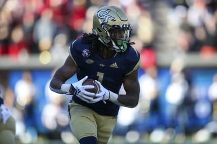 Nov 27, 2021; Atlanta, Georgia, USA; Georgia Tech Yellow Jackets running back Jahmyr Gibbs (1) runs the ball against the Georgia Bulldogs in the first quarter at Bobby Dodd Stadium. Mandatory Credit: Brett Davis-USA TODAY Sports