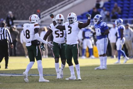 Nov 27, 2021; Durham, North Carolina, USA; Miami Hurricanes wide receiver Mike Harley (3) celebrates during the second half of the game against the Miami Hurricanes at Wallace Wade Stadium. at Wallace Wade Stadium. Mandatory Credit: Jaylynn Nash-USA TODAY Sports