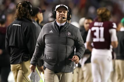 Nov 27, 2021; Baton Rouge, Louisiana, USA;  Texas A&M Aggies head coach Jimbo Fisher looks on during the first half against the LSU Tigers at Tiger Stadium. Mandatory Credit: Stephen Lew-USA TODAY Sports