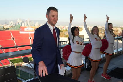 Nov 29, 2021; Los Angeles, CA, USA; Lincoln Riley reacts during a press conference to introduce Riley as Southern California Trojans head coach at the Los Angeles Memorial Coliseum. Mandatory Credit: Kirby Lee-USA TODAY Sports