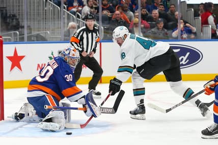 Dec 2, 2021; Elmont, New York, USA; New York Islanders goaltender Ilya Sorokin (30) makes a save against San Jose Sharks center Tomas Hertl (48) during the first period at UBS Arena. Mandatory Credit: Tom Horak-USA TODAY Sports