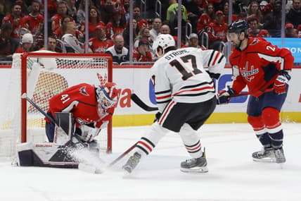 Dec 2, 2021; Washington, District of Columbia, USA; Washington Capitals goaltender Vitek Vanecek (41) makes a save on Chicago Blackhawks center Dylan Strome (17) during the second period at Capital One Arena. Mandatory Credit: Geoff Burke-USA TODAY Sports