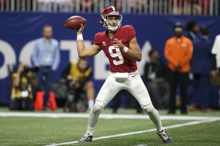 Dec 4, 2021; Atlanta, GA, USA; Alabama Crimson Tide quarterback Bryce Young (9) throws against the Georgia Bulldogs in the second half during the SEC championship game at Mercedes-Benz Stadium. Mandatory Credit: Brett Davis-USA TODAY Sports