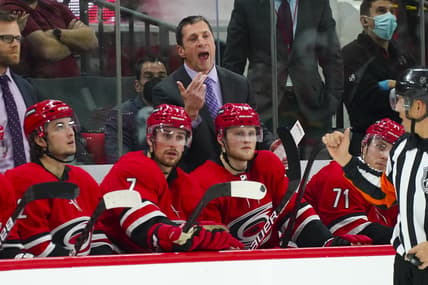 Dec 4, 2021; Raleigh, North Carolina, USA;  Carolina Hurricanes head coach Rod Brind   Amour reacts during the second period against the Buffalo Sabres at PNC Arena. Mandatory Credit: James Guillory-USA TODAY Sports