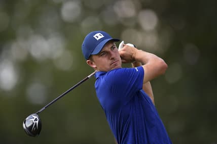 Sep 6, 2018; Newtown Square, PA, USA; Jordan Spieth watches his tee shot on the third hole during the first round of the BMW Championship golf tournament at Aronimink GC. Mandatory Credit: Eric Sucar-USA TODAY Sports