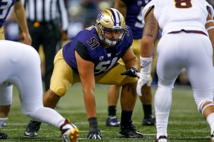 Sep 22, 2018; Seattle, WA, USA; Washington Huskies offensive lineman Jaxson Kirkland (51) in action during the first quarter against the Arizona State Sun Devils at Husky Stadium. Mandatory Credit: Jennifer Buchanan-USA TODAY Sports