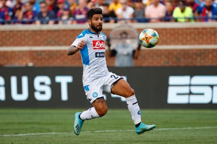 Aug 10, 2019; Ann Arbor, MI, USA; Napoli forward Lorenzo Insigne (24) dribbles against the Barcelona during a United States La Liga-Serie A Cup Tour soccer match at Michigan Stadium. Mandatory Credit: Rick Osentoski-USA TODAY Sports