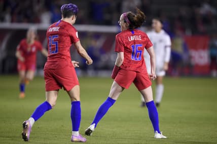 Feb 7, 2020; Los Angeles, California, USA; United States midfielder Rose Lavelle (16) celebrates after scoring a goal with forward Megan Rapinoe (15) against Mexico during the first half of the CONCACAF Women's Olympic Qualifying soccer tournament at Dignity Health Sports Park. Mandatory Credit: Kelvin Kuo-USA TODAY Sports