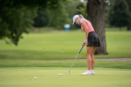 Golfer Sarah Shipley lines up her put as she prepares for the FireKeepers Casino Hotel Championship Symetra Tour event on Tuesday, July 21, 2020 at Battle Creek Country Club in Battle Creek, Mich.
