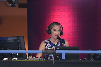 Sep 9 2020; Flushing Meadows, New York,USA; Hall of Fame member and ESPN commentator Chris Evert calls the match between Victoria Azarenka of Belarus and Elise Mertens of Belgium (both not pictured) in a women's singles quarter-finals match on day nine of the 2020 U.S. Open tennis tournament at USTA Billie Jean King National Tennis Center. Mandatory Credit: Robert Deutsch-USA TODAY Sports
