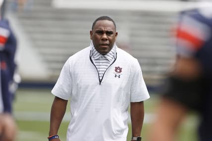 Apr 17, 2021; Auburn, Alabama, USA;  Auburn Tigers defensive coordinator Derek Mason watches warmups before the start of the spring game at Jordan-Hare Stadium.  Mandatory Credit: John Reed-USA TODAY Sports