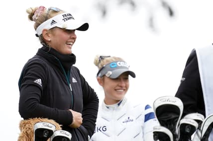 Jun 4, 2021; San Francisco, California, USA; Jessica Korda and Nelly Korda on the 11th tee box during the second round of the U.S. Women's Open golf tournament at The Olympic Club. Mandatory Credit: Kyle Terada-USA TODAY Sports