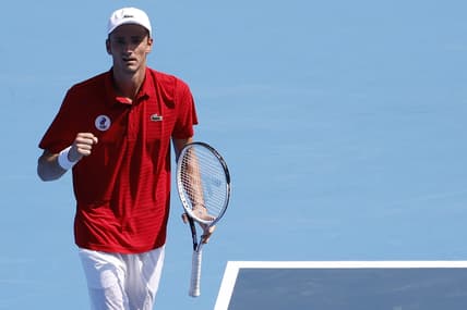 Jul 24, 2021; Tokyo, Japan; Daniil Medvedev of the Russian Olympic Committee celebrates after match point against Alexander Bublik of Kazakhstan (not pictured) in a first round men's singles match during the Tokyo 2020 Olympic Summer Games at Ariake Tennis Park. Mandatory Credit: Geoff Burke-USA TODAY Network