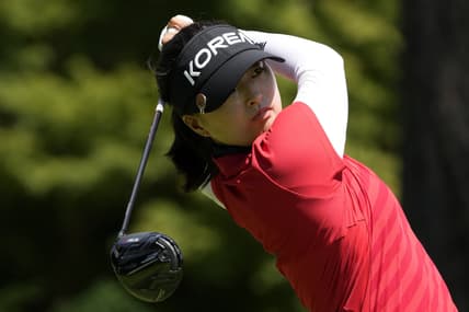 Aug 6, 2021; Tokyo, Japan; Jin Young Ko (KOR) tees off on the 18th hole during the third round of the women's individual stroke play of the Tokyo 2020 Olympic Summer Games at Kasumigaseki Country Club. Mandatory Credit: Michael Madrid-USA TODAY Sports
