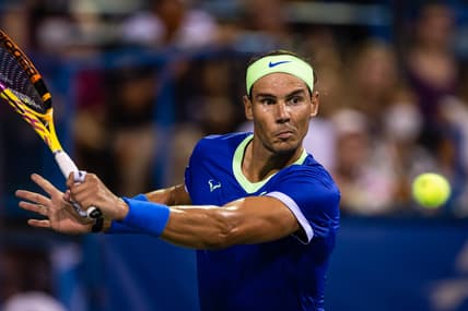 Aug 5, 2021; Washington, DC, USA; Rafael Nadal of Spain hits a backhand against Lloyd Harris of South Africa (not pictured) during the Citi Open at Rock Creek Park Tennis Center. Mandatory Credit: Scott Taetsch-USA TODAY Sports