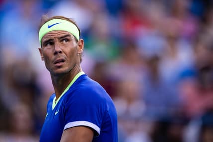Aug 5, 2021; Washington, DC, USA; Rafael Nadal of Spain looks on against Lloyd Harris of South Africa (not pictured) during the Citi Open at Rock Creek Park Tennis Center. Mandatory Credit: Scott Taetsch-USA TODAY Sports