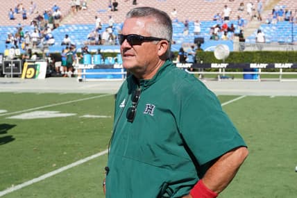 Aug 28, 2021; Pasadena, California, USA; Hawaii Rainbow Warriors  head coach Todd Graham reacts at the end of the game against the UCLA Bruins at Rose Bowl. Mandatory Credit: Kirby Lee-USA TODAY Sports
