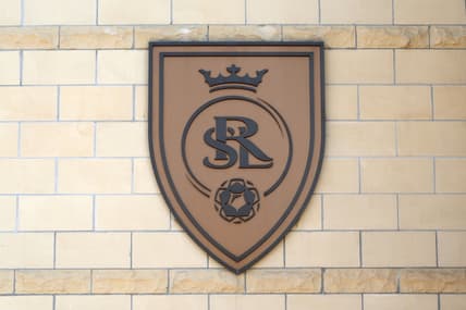 Sep 4, 2021; Sandy, Utah, USA; The Real Salt Lake logo at  Rio Tinto Stadium. Mandatory Credit: Kirby Lee-USA TODAY Sports