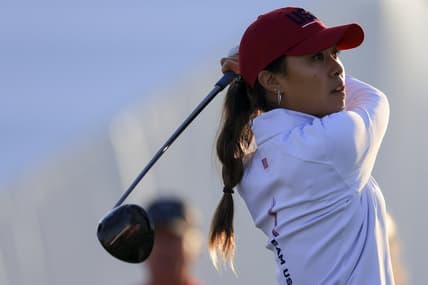 Sep 5, 2021; Toledo, Ohio, USA; Danielle Kang of Team USA watches her tee shot on the sixth hole during competition rounds of the Solheim Cup golf tournament at Inverness Club. Mandatory Credit: Aaron Doster-USA TODAY Sports