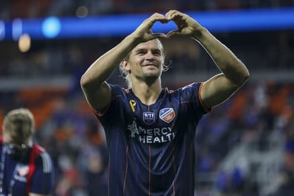 Sep 11, 2021; Cincinnati, OH, USA; FC Cincinnati defender Nick Hagglund (14) reacts after the win over Toronto FC in at TQL Stadium. Mandatory Credit: Katie Stratman-USA TODAY Sports