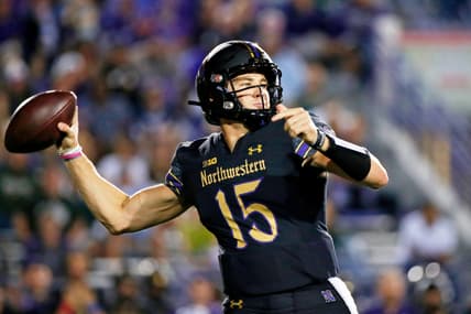 Sep 3, 2021; Evanston, Illinois, USA; Northwestern Wildcats quarterback Hunter Johnson (15) passes the ball against the Michigan State Spartans during the first quarter at Ryan Field. Mandatory Credit: Jon Durr-USA TODAY Sports