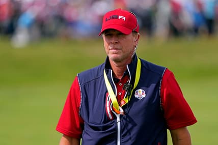 Sep 26, 2021; Haven, Wisconsin, USA; Team USA captain Steve Stricker on the first hole during day two four-ball rounds for the 43rd Ryder Cup golf competition at Whistling Straits. Mandatory Credit: Kyle Terada-USA TODAY Sports