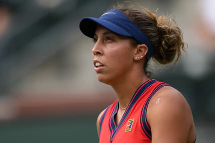 Oct 8, 2021; Indian Wells, CA, USA; Madison Keys (USA) looks on against Anastasia Pavlyuchenkova (RUS) at Indian Wells Tennis Garden. Mandatory Credit: Orlando Ramirez-USA TODAY Sports
