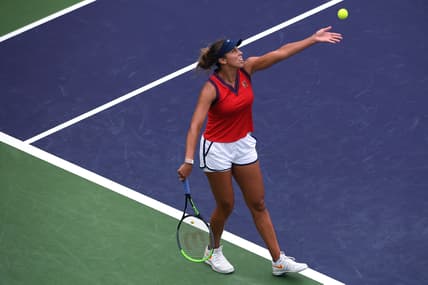 Oct 8, 2021; Indian Wells, CA, USA; Madison Keys (USA) serves to Anastasia Pavlyuchenkova (RUS) at Indian Wells Tennis Garden. Mandatory Credit: Orlando Ramirez-USA TODAY Sports