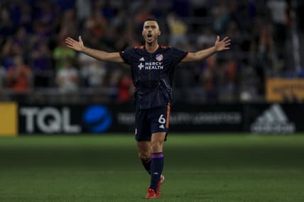 Oct 9, 2021; Cincinnati, OH, USA; FC Cincinnati midfielder Haris Medunjanin (6) screams as he reacts to scoring a goal against the Philadelphia Union in the second half at TQL Stadium. Mandatory Credit: Aaron Doster-USA TODAY Sports
