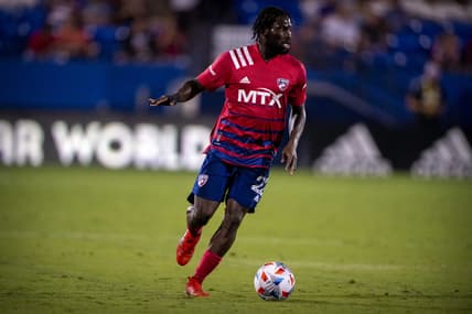 Oct 2, 2021; Frisco, Texas, USA; FC Dallas defender Ema Twumasi (22) in action during the game between FC Dallas and the Minnesota United at Toyota Stadium. Mandatory Credit: Jerome Miron-USA TODAY Sports