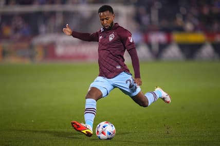 Oct 20, 2021; Commerce City, Colorado, USA; Colorado Rapids midfielder Kellyn Acosta (23) prepares to kick the ball in the first half against the Seattle Sounders at Dick's Sporting Goods Park. Mandatory Credit: Ron Chenoy-USA TODAY Sports